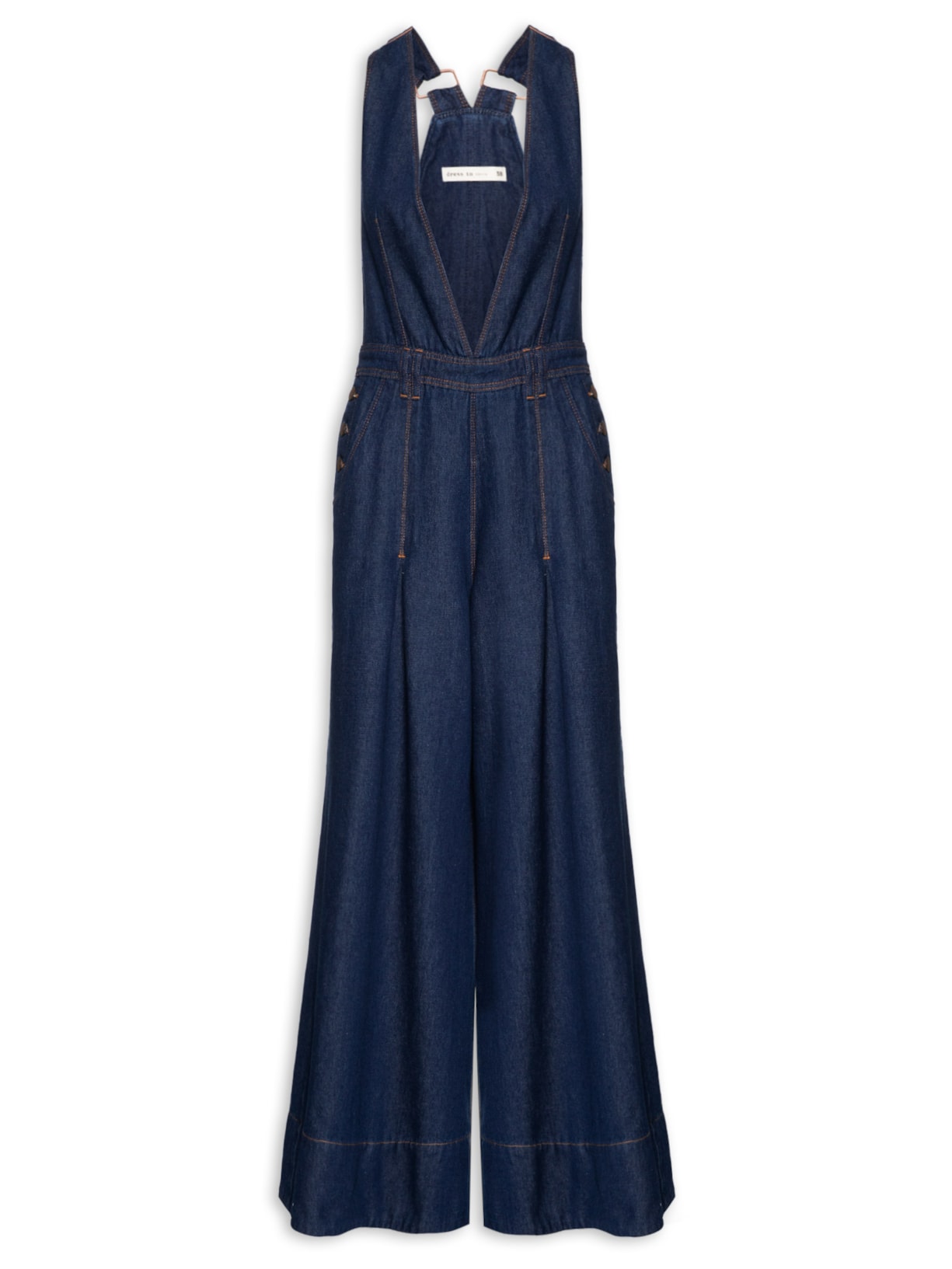 Jardineira Feminina Jeans Pregas Botões - Azul