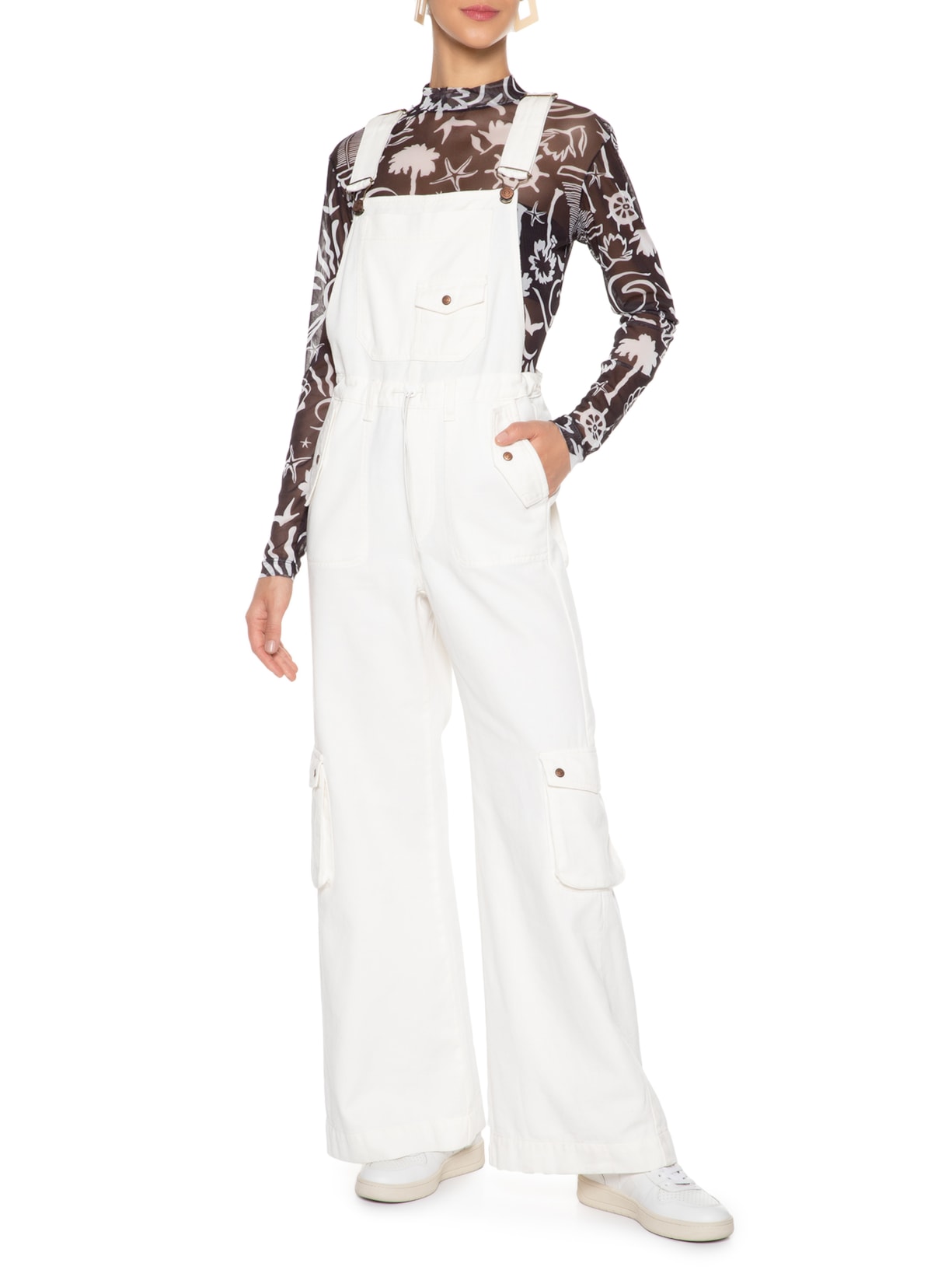 Jardineira Feminina Sarja Cargo Off White Dress To