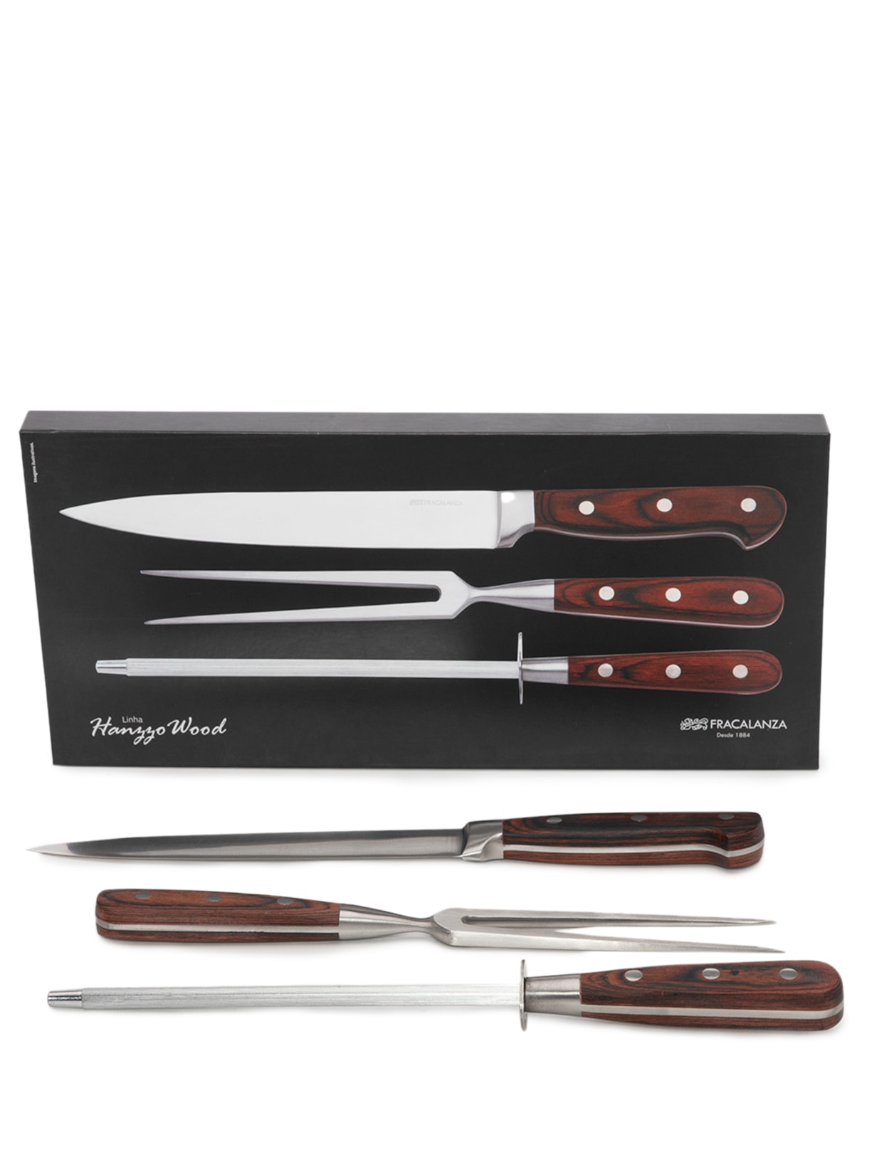 Jogo de 3 peças Faca, Garfo e Chaira Hanzzo Wood '2Home