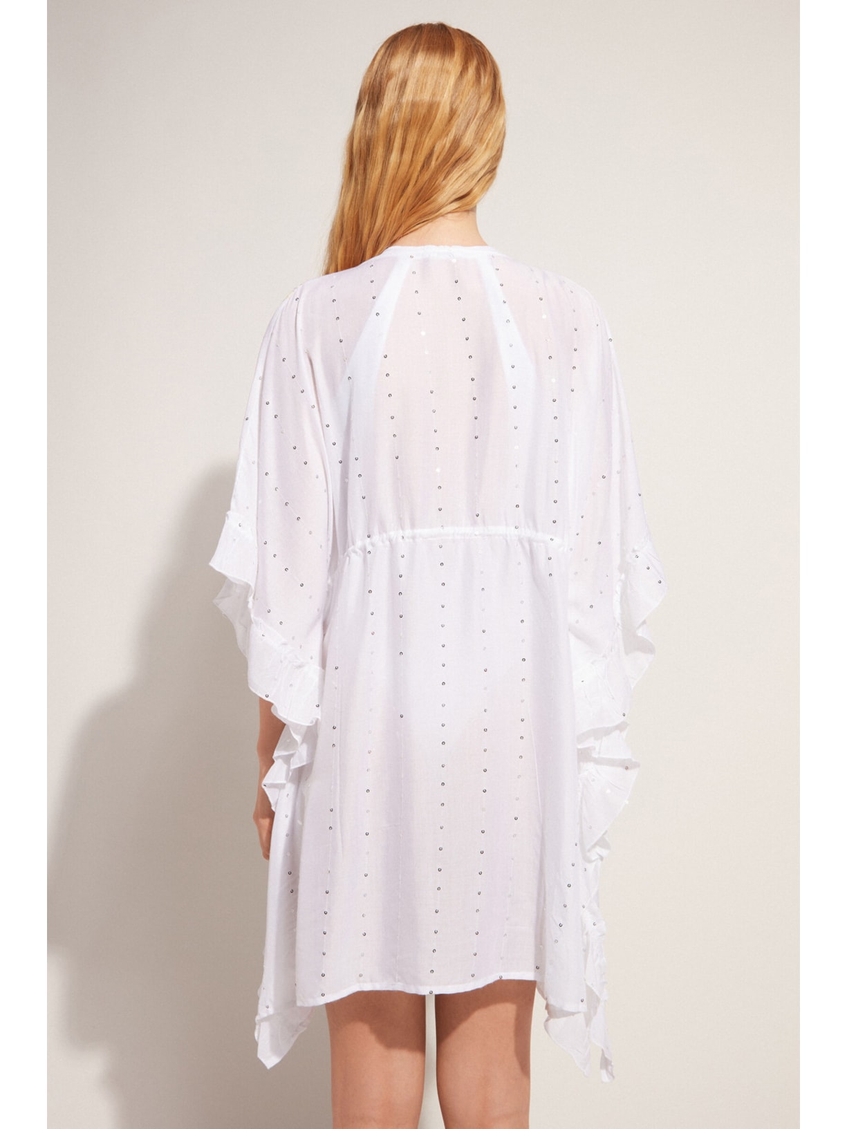 Kaftan Estilo Quimono Com Bordado Inglês e Paetês Branco Calzedonia
