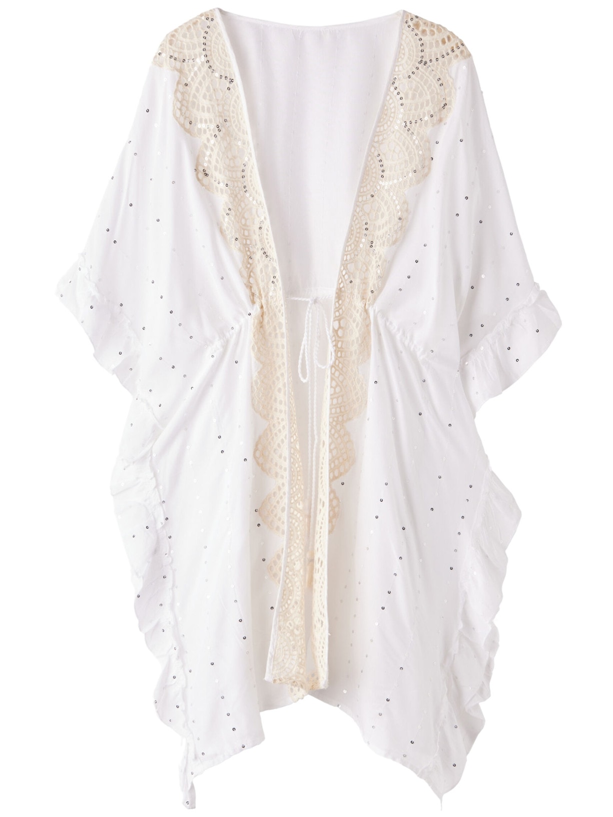 Kaftan Estilo Quimono Com Bordado Inglês e Paetês - Branco