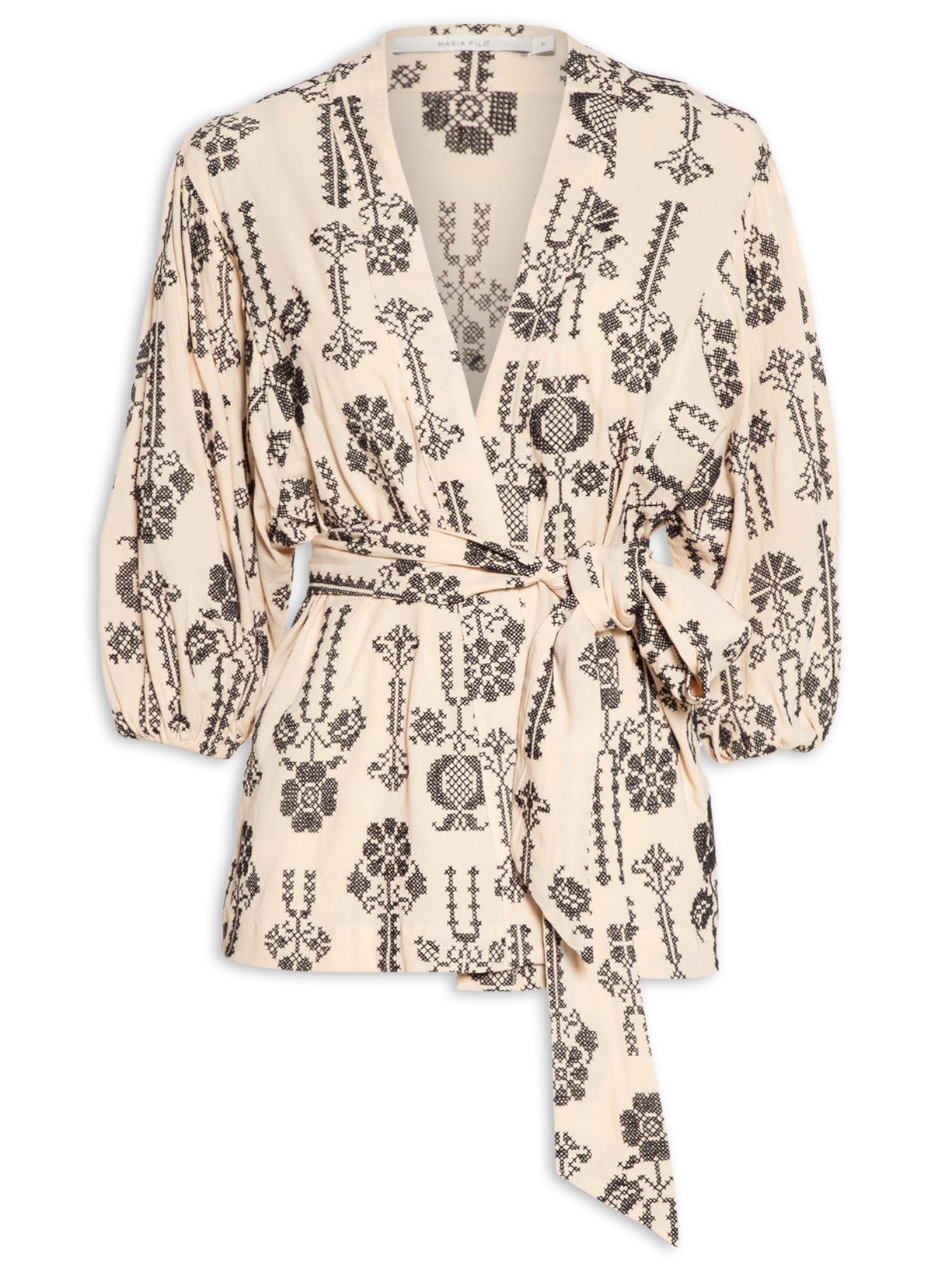 Kimono Bordado Ponto Cruz - Bege