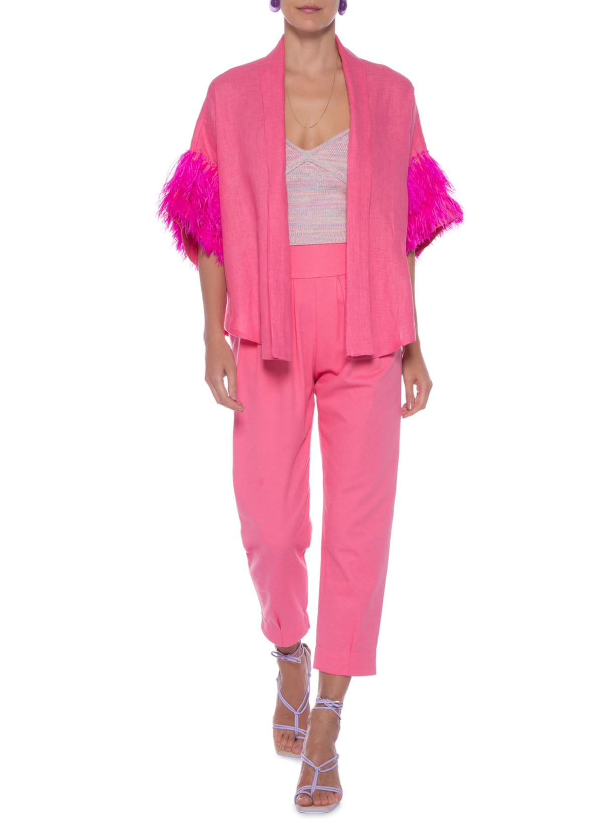 Kimono Curto Bordado Plumas Linho Rosa Wasabi