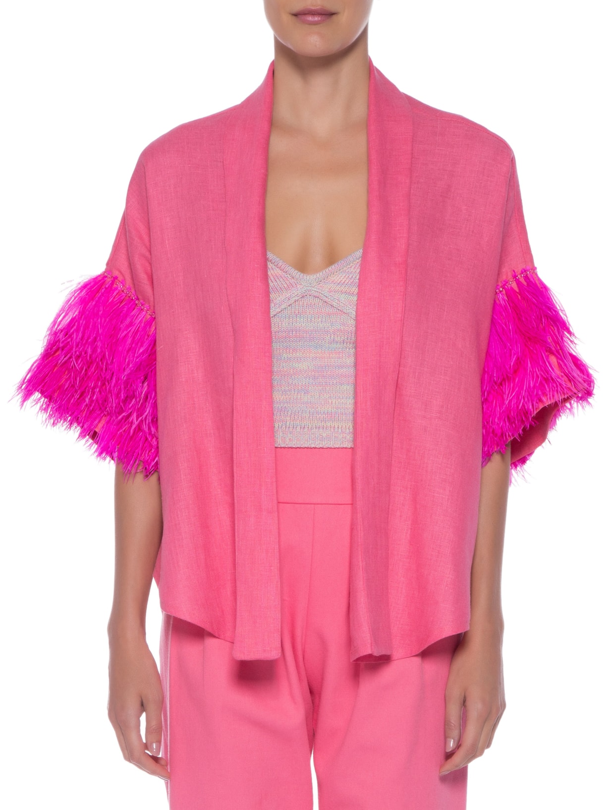 Kimono Curto Bordado Plumas Linho Rosa Wasabi