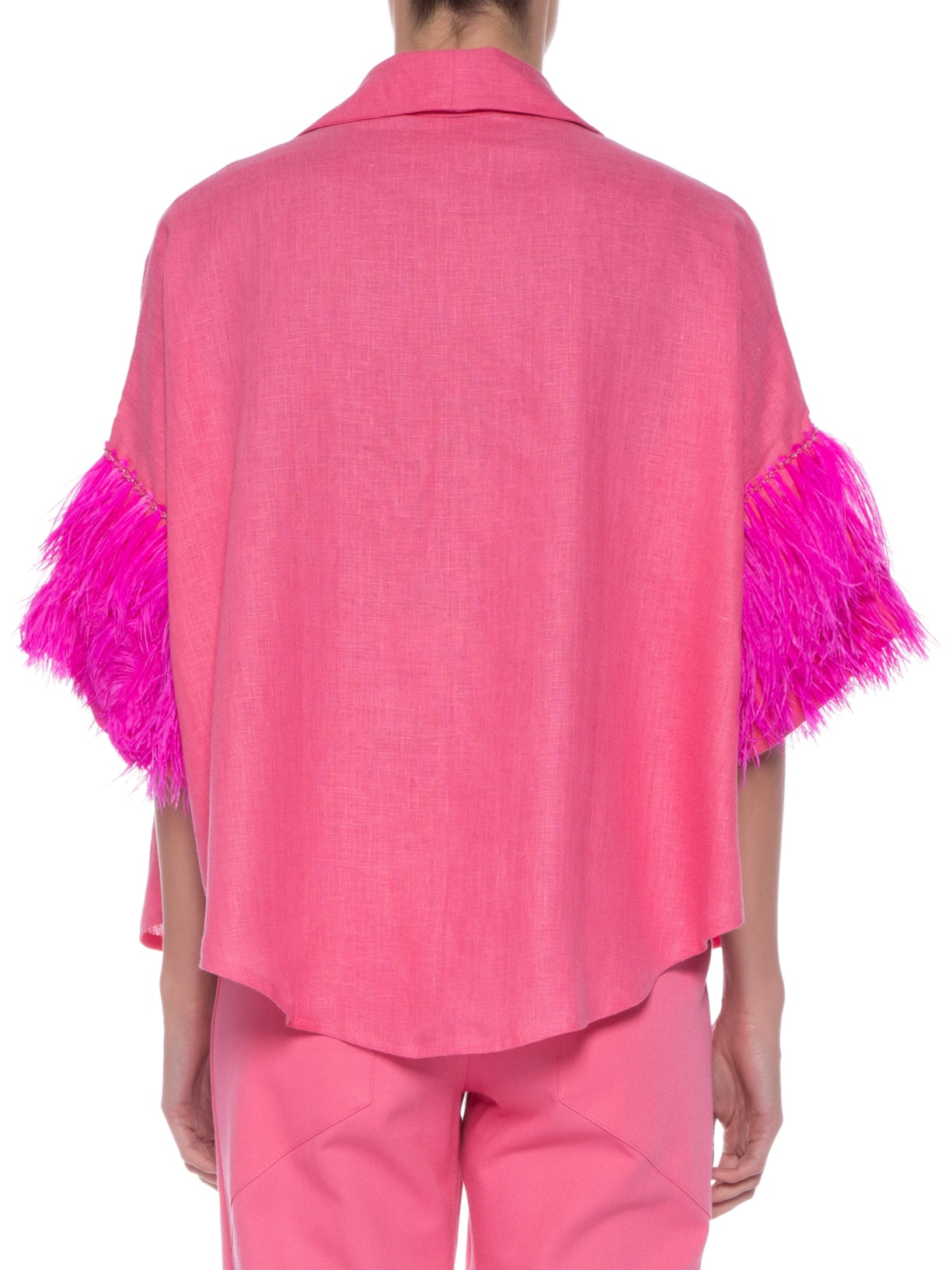 Kimono Curto Bordado Plumas Linho Rosa Wasabi