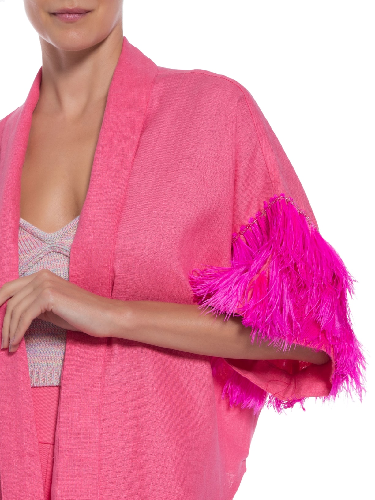 Kimono Curto Bordado Plumas Linho Rosa Wasabi