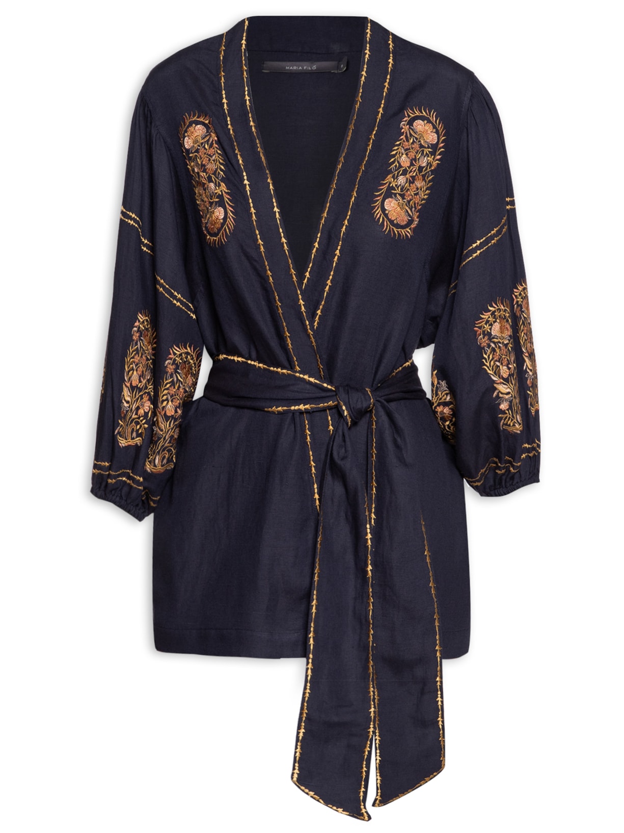 Kimono Feminino Bordado Floral Ouro - Azul