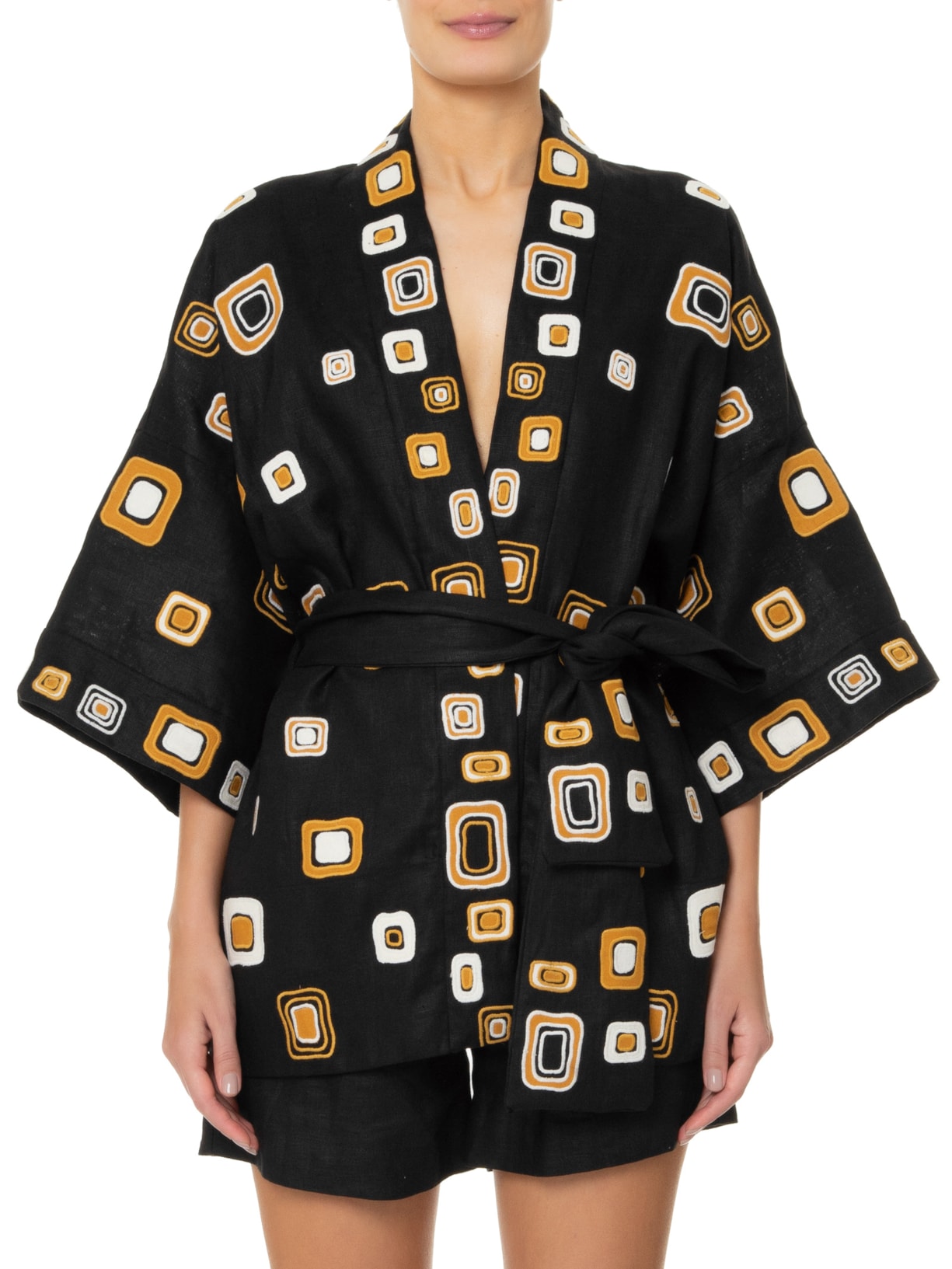 Kimono Feminino Bordado Mosaico Preto Animale