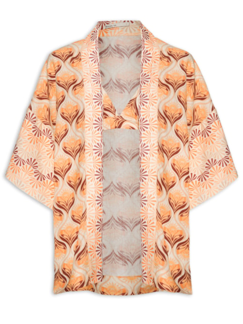 Kimono Feminino Com Top Linho Estampa Luz Mix - Marrom