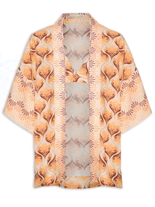 Kimono Feminino Com Top Linho Estampa Luz Mix - Marrom
