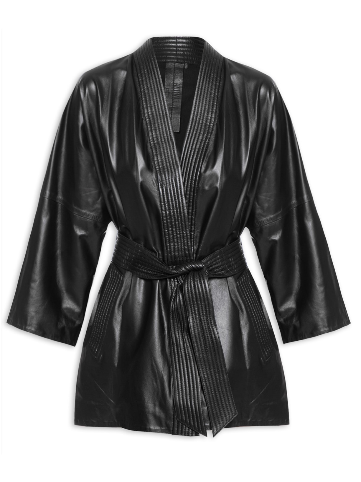 Kimono Feminino De Couro Com Faixa - Preto