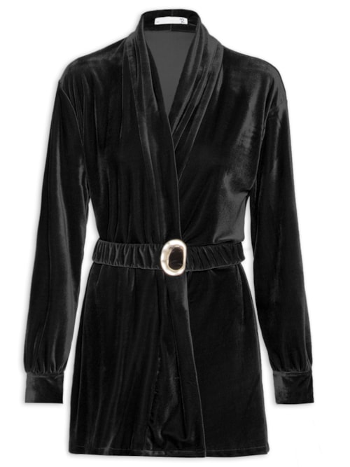 Kimono Feminino Em Veludo Com Cinto - Preto