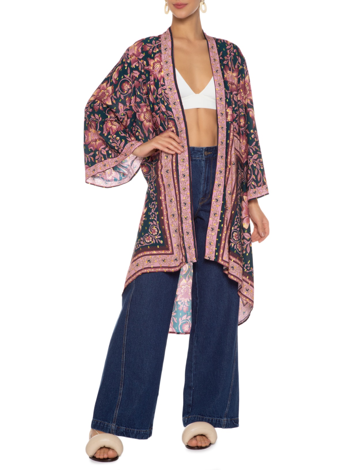 Kimono Feminino Jardim Boho Rosa Farm