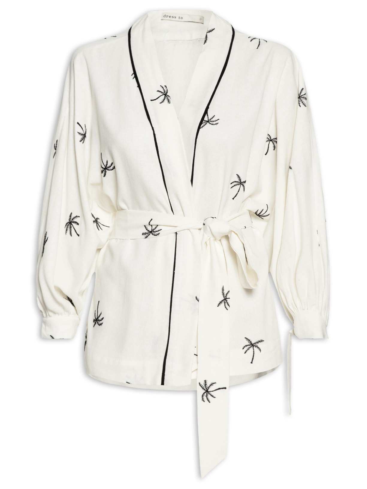 Dress To Kimono Feminino Linho Bordado Coqueiros Off White