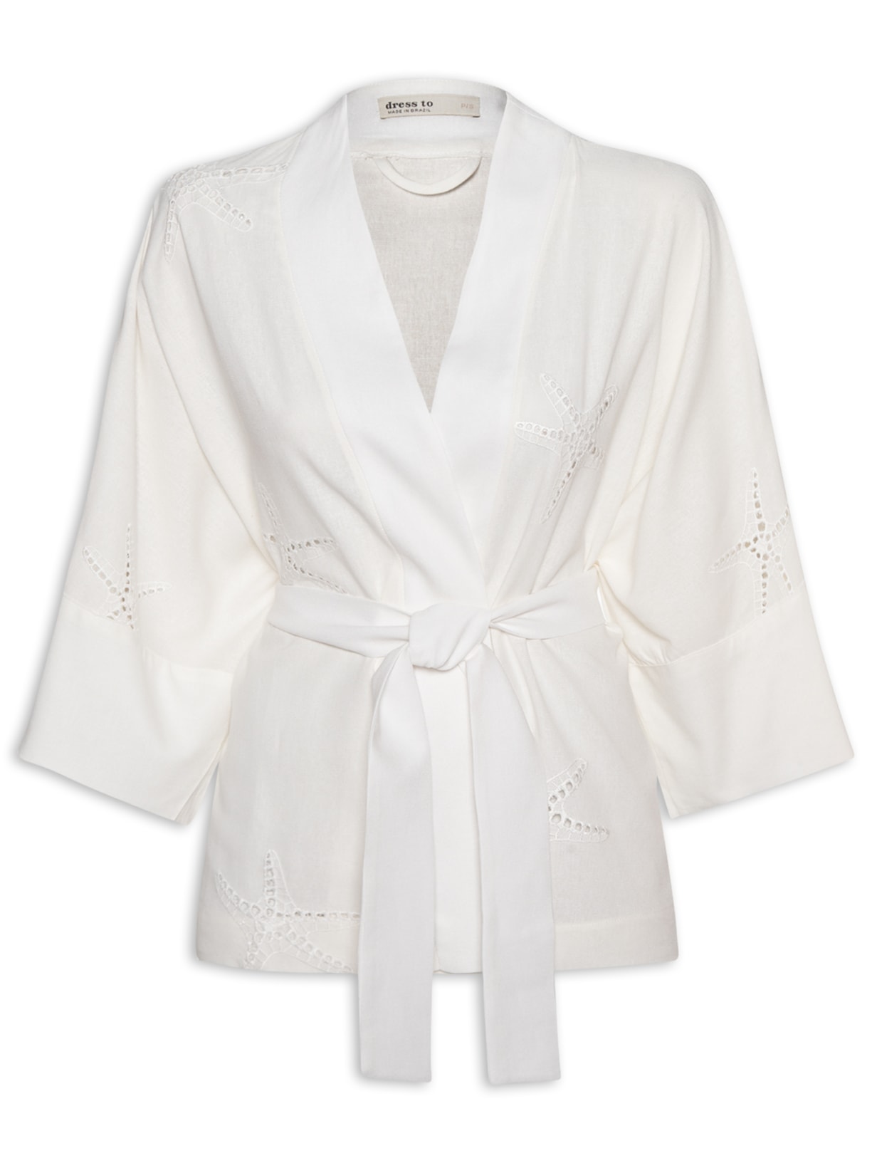 Kimono Feminino Linho Bordado Estrela Off White Dress To