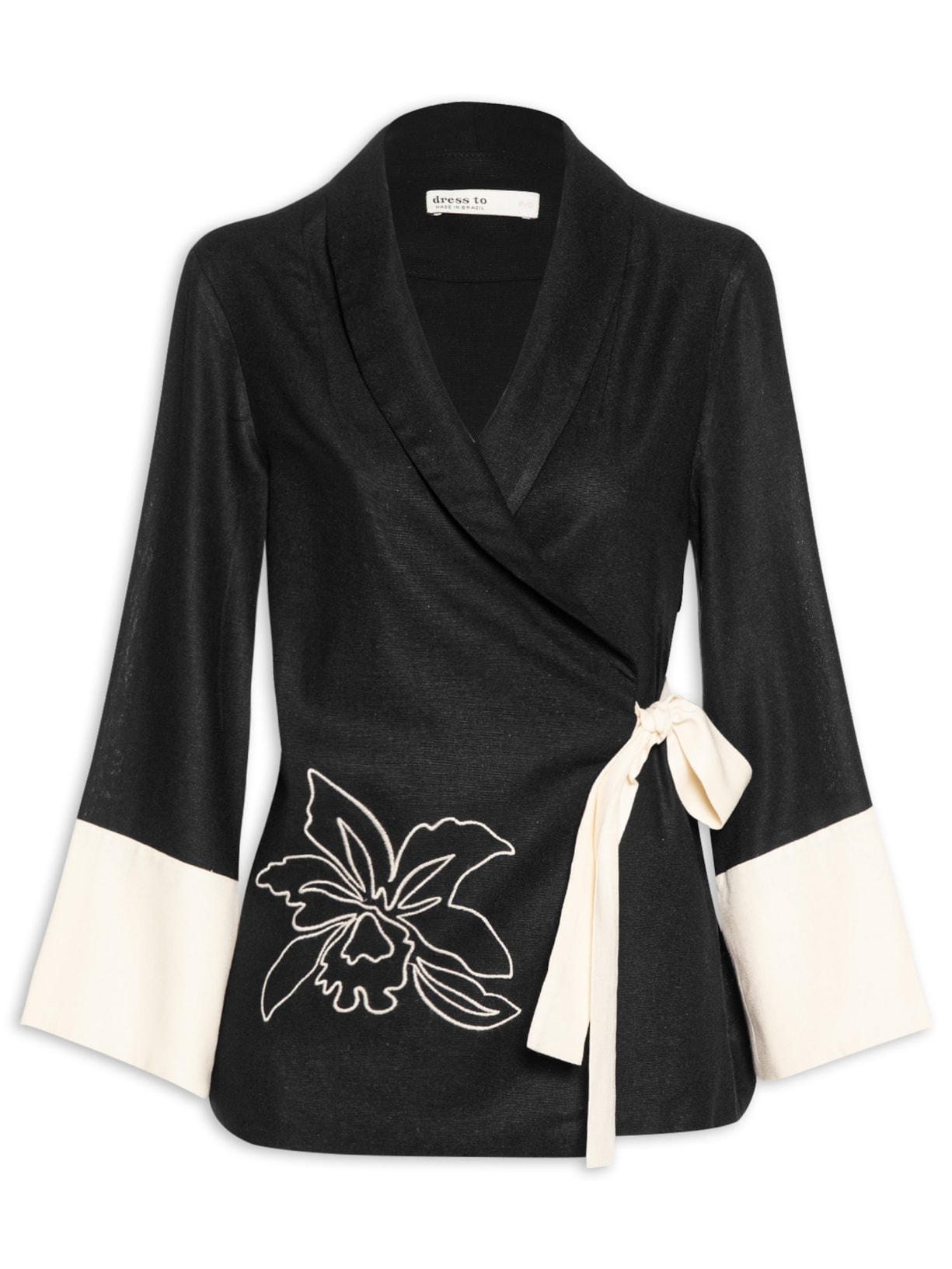 Kimono Feminino Linho Bordado Floral - Preto