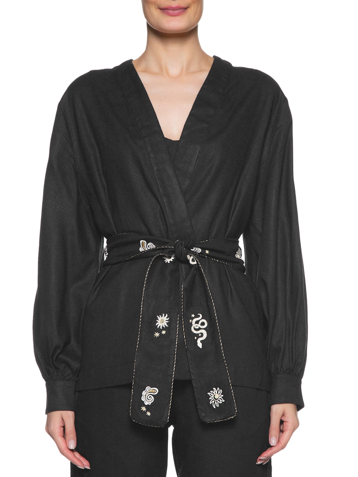 Kimono Feminino Linho Bordado Sonhos Preto Dress To