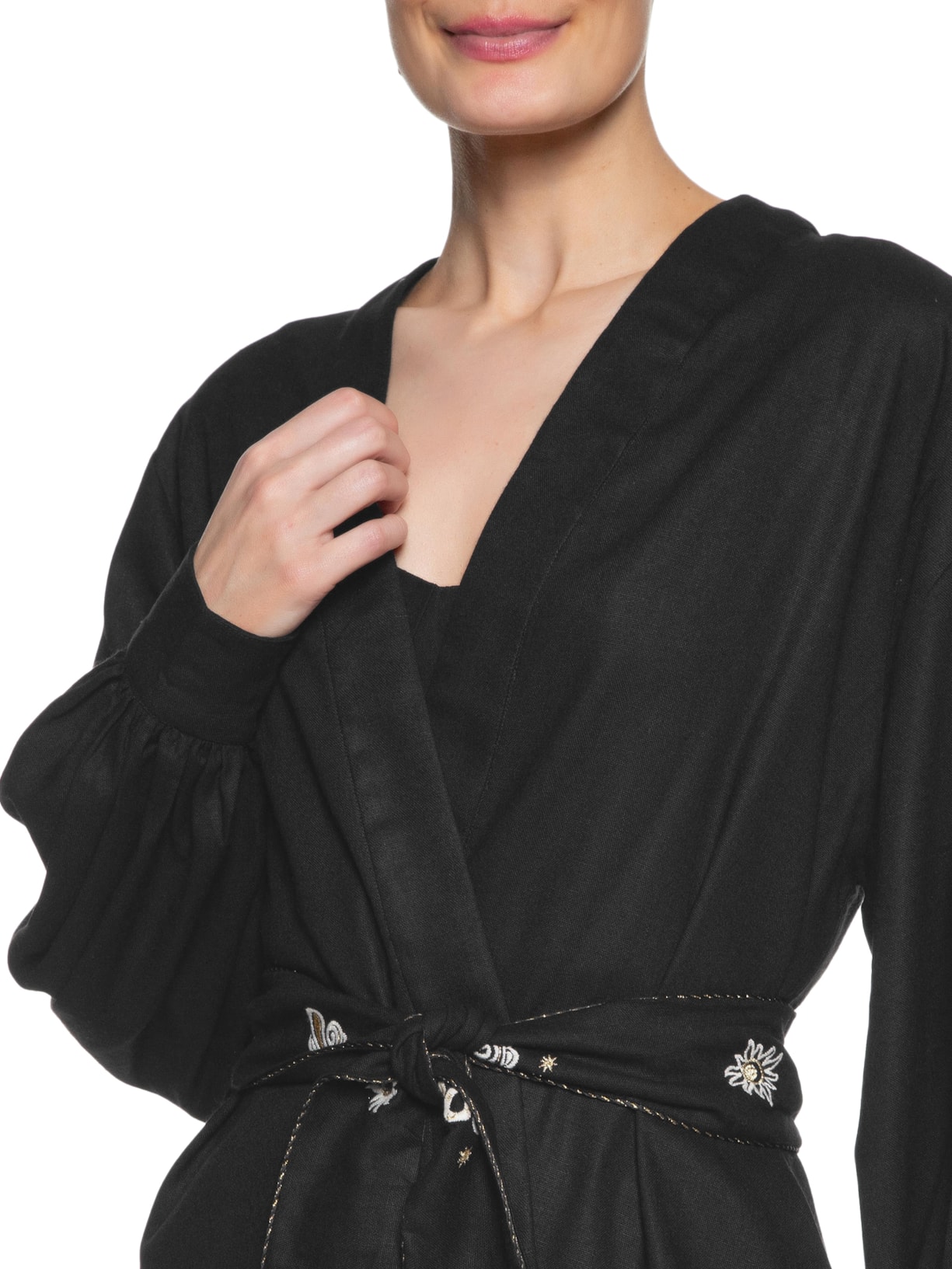 Kimono Feminino Linho Bordado Sonhos Preto Dress To