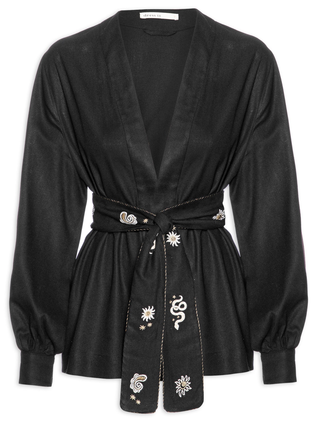 Kimono Feminino Linho Bordado Sonhos Preto Dress To