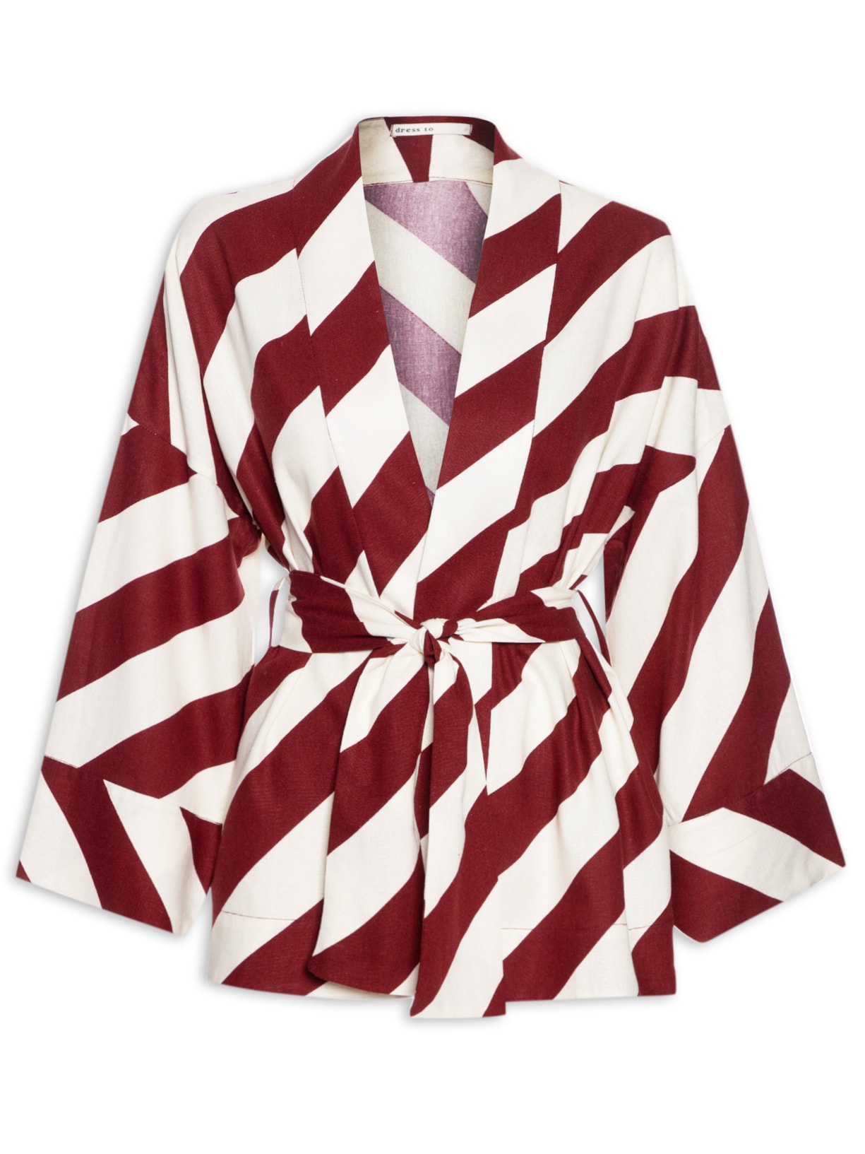 Kimono Feminino Linho Estampa Diagonal - Vinho