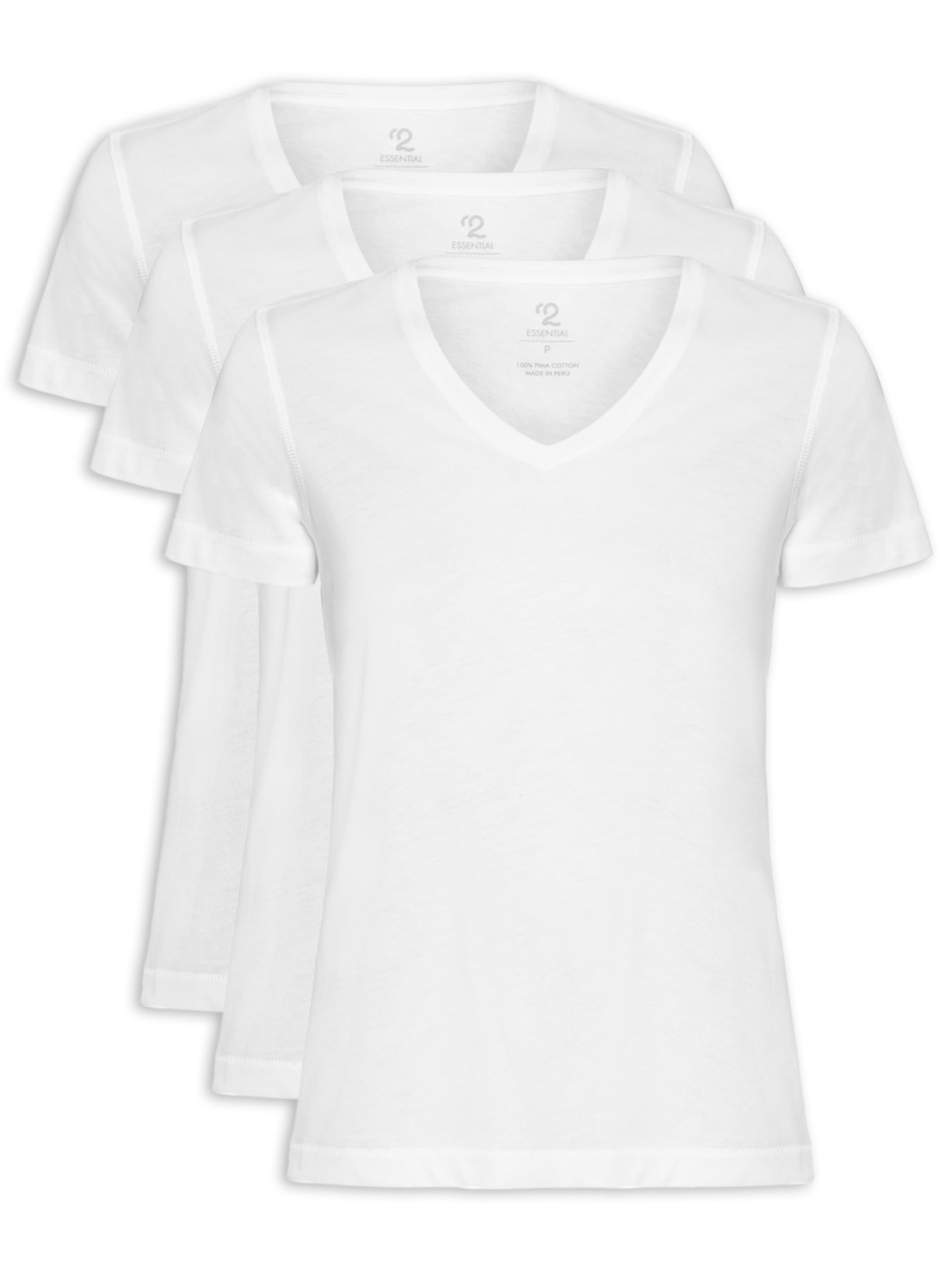 Kit 3 Camisetas Feminina Pima Gola V - Branco