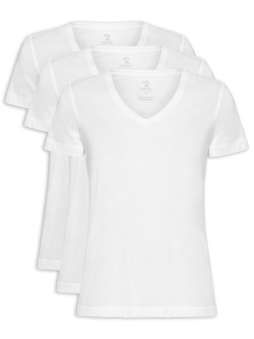 Kit 3 Camisetas Feminina Pima Gola V - Branco