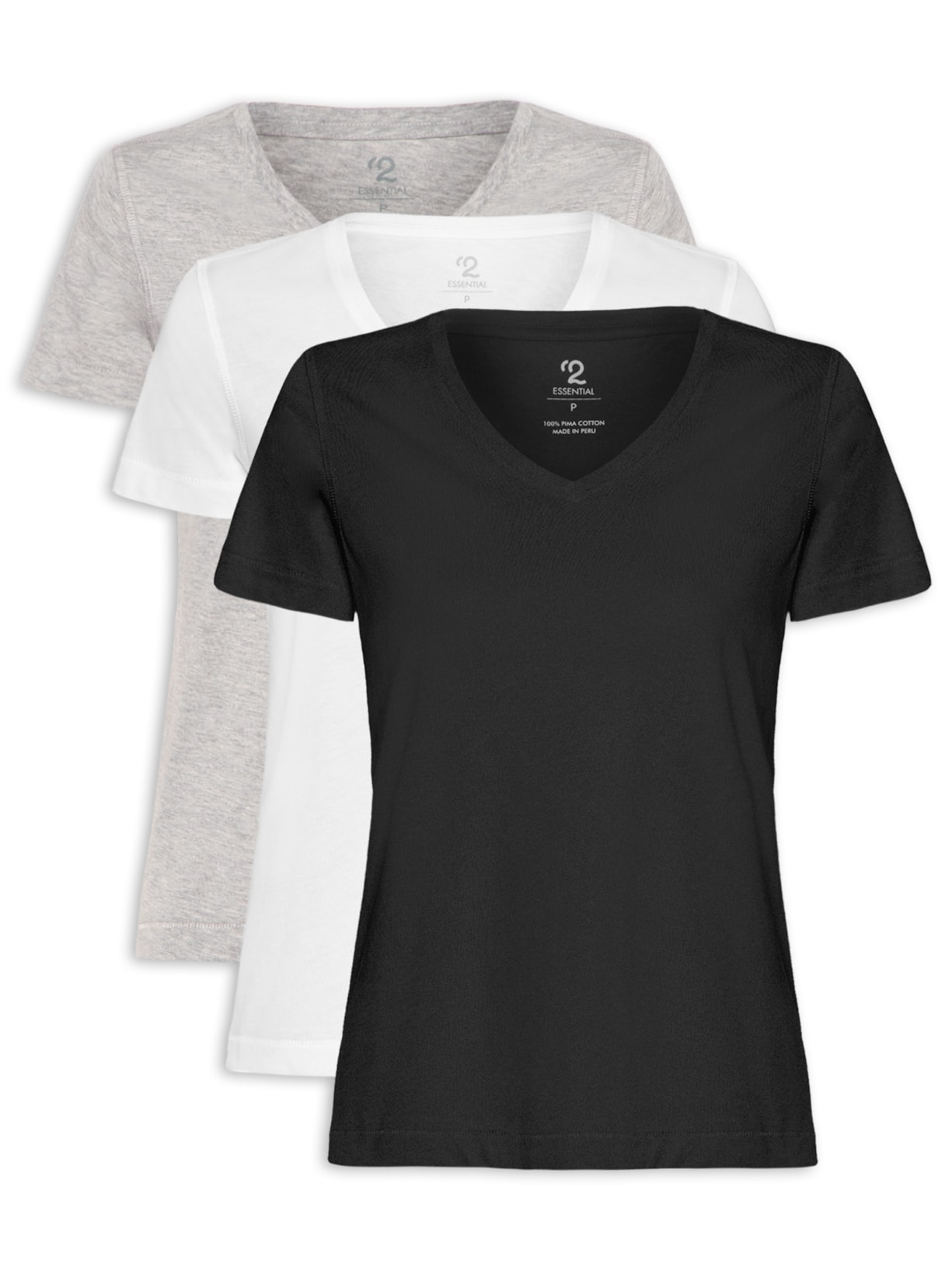 Kit 3 Camisetas Feminina Pima Gola V - Preto