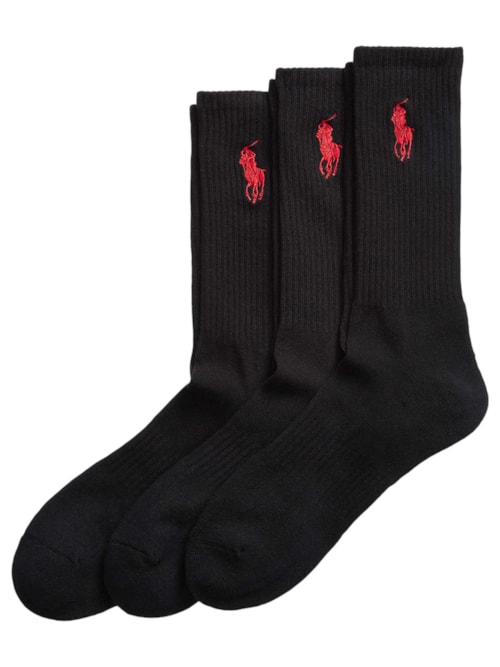 Kit 3 Meias Masculinas Big Pony Crew Sock - Preto