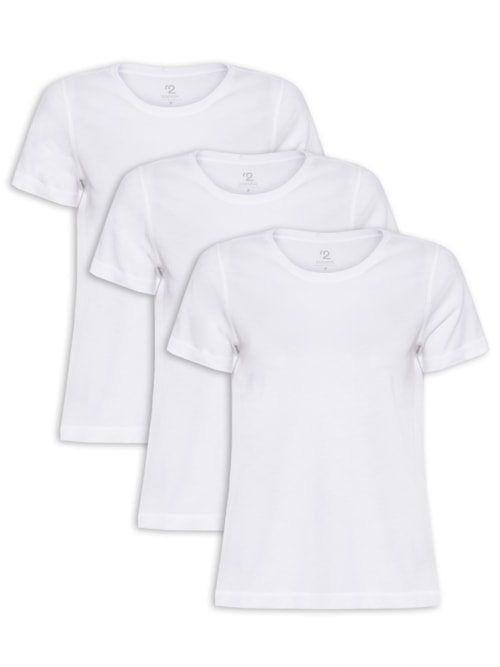 Kit De Camiseta Feminina Pima Manga Curta Decote Redondo 3 Peças - Branco