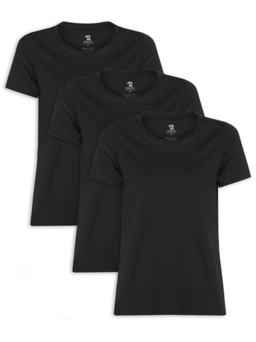 Kit De Camiseta Feminina Pima Manga Curta Decote Redondo 3 Peças - Preto