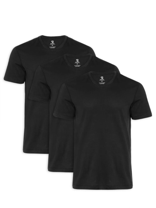 Kit De Camisetas Masculina Pima Manga Curta Gola V Regular Fit 3 Peças - Preto