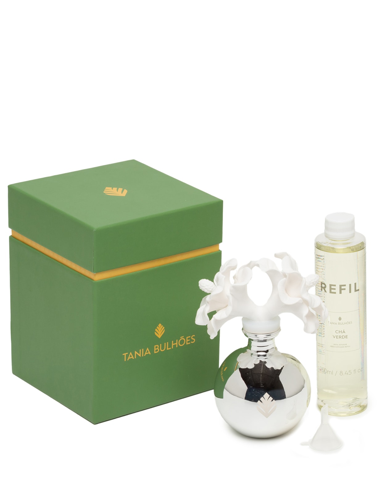 Kit Difusor Flor de Porcelana Chá Verde - Prateado