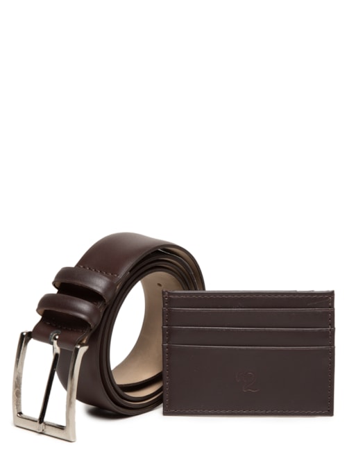 Kit Presenteável Masculino Cinto E Porta Cartão Couro Legítimo - Marrom