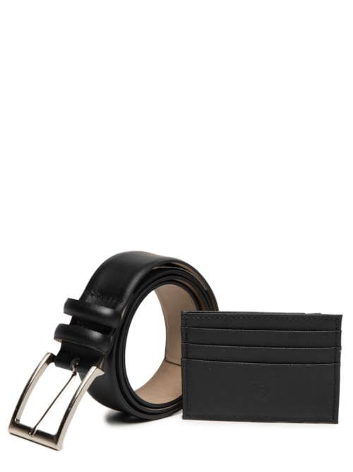 Kit Presenteável Masculino Cinto E Porta Cartão Couro Legítimo - Preto