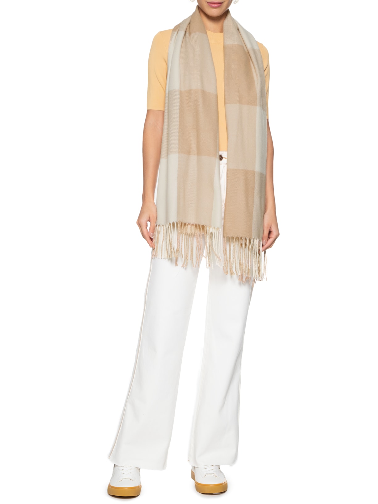 Lenço Feminino Xadrez Khaki Bege Shoulder