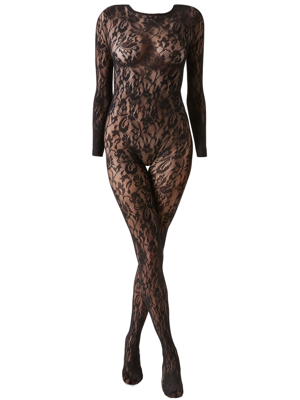 Macacão Arrastão Com Padrão De Renda Floral - Preto