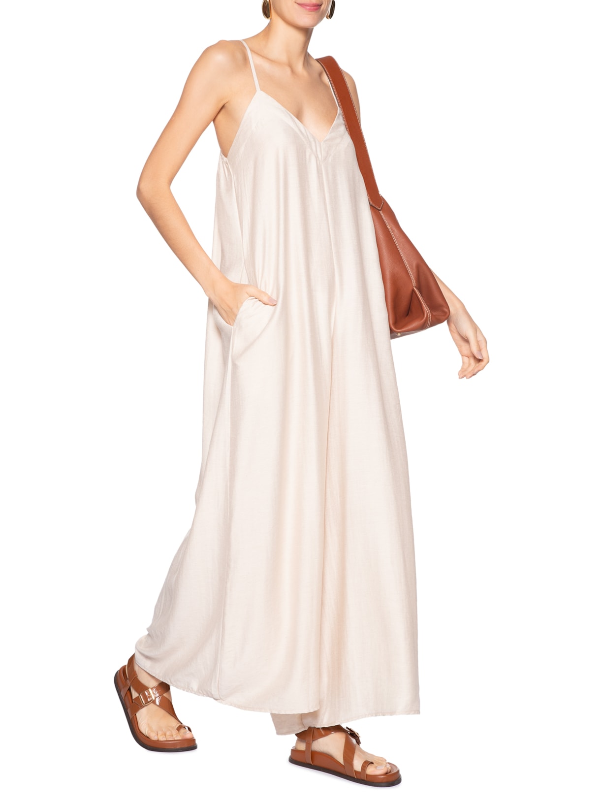 Macacão Feminino Básico Pernas Amplas Bege Basiq