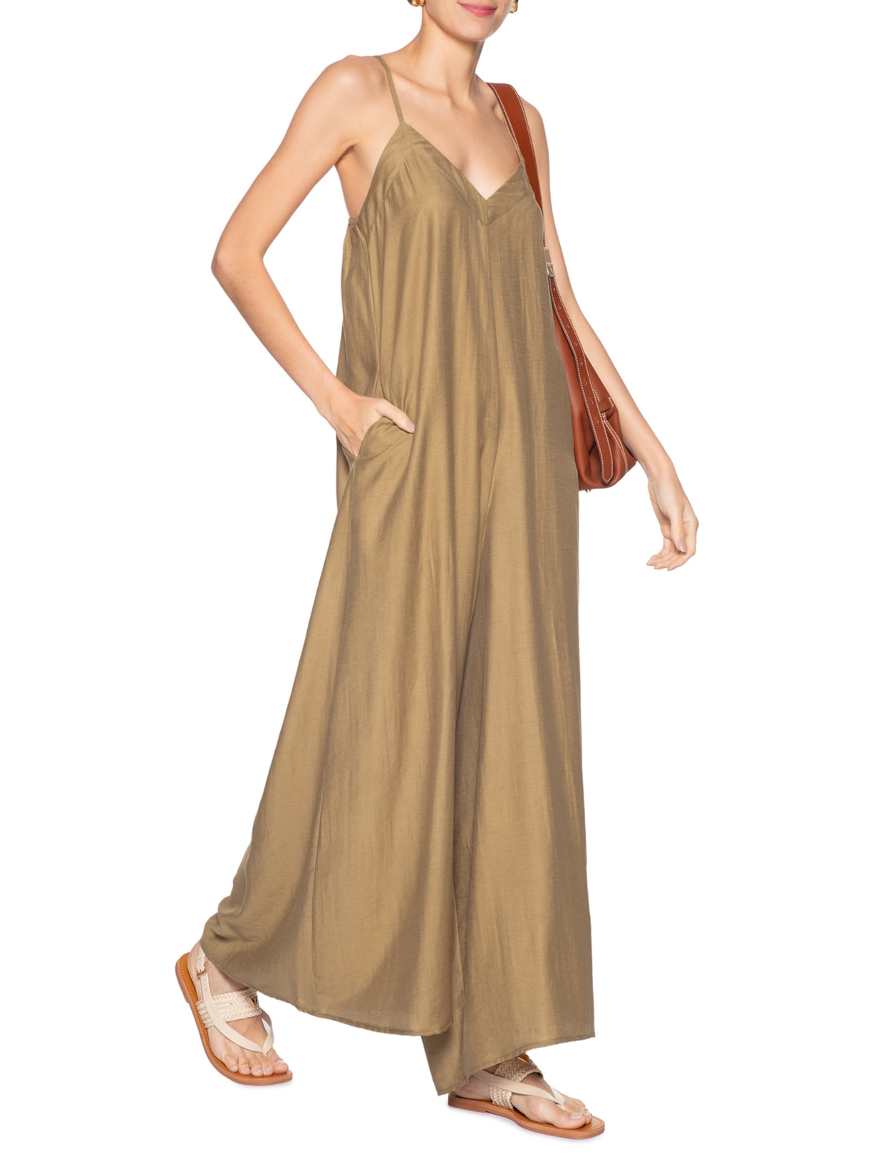 Macacão Feminino Básico Pernas Amplas Bege Basiq