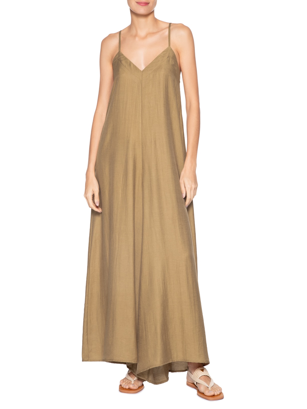 Macacão Feminino Básico Pernas Amplas Bege Basiq