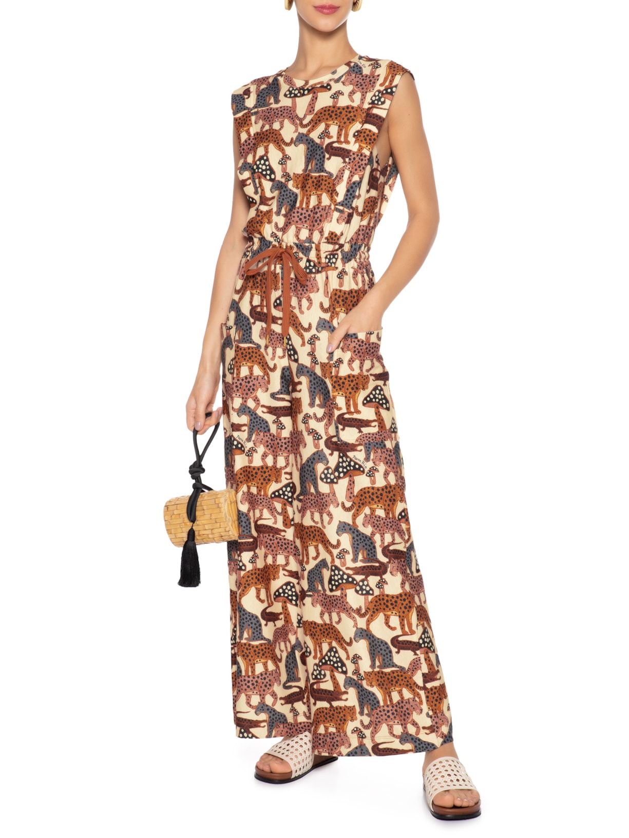 Macacão Feminino Bolso Selva De Poá Bege Farm