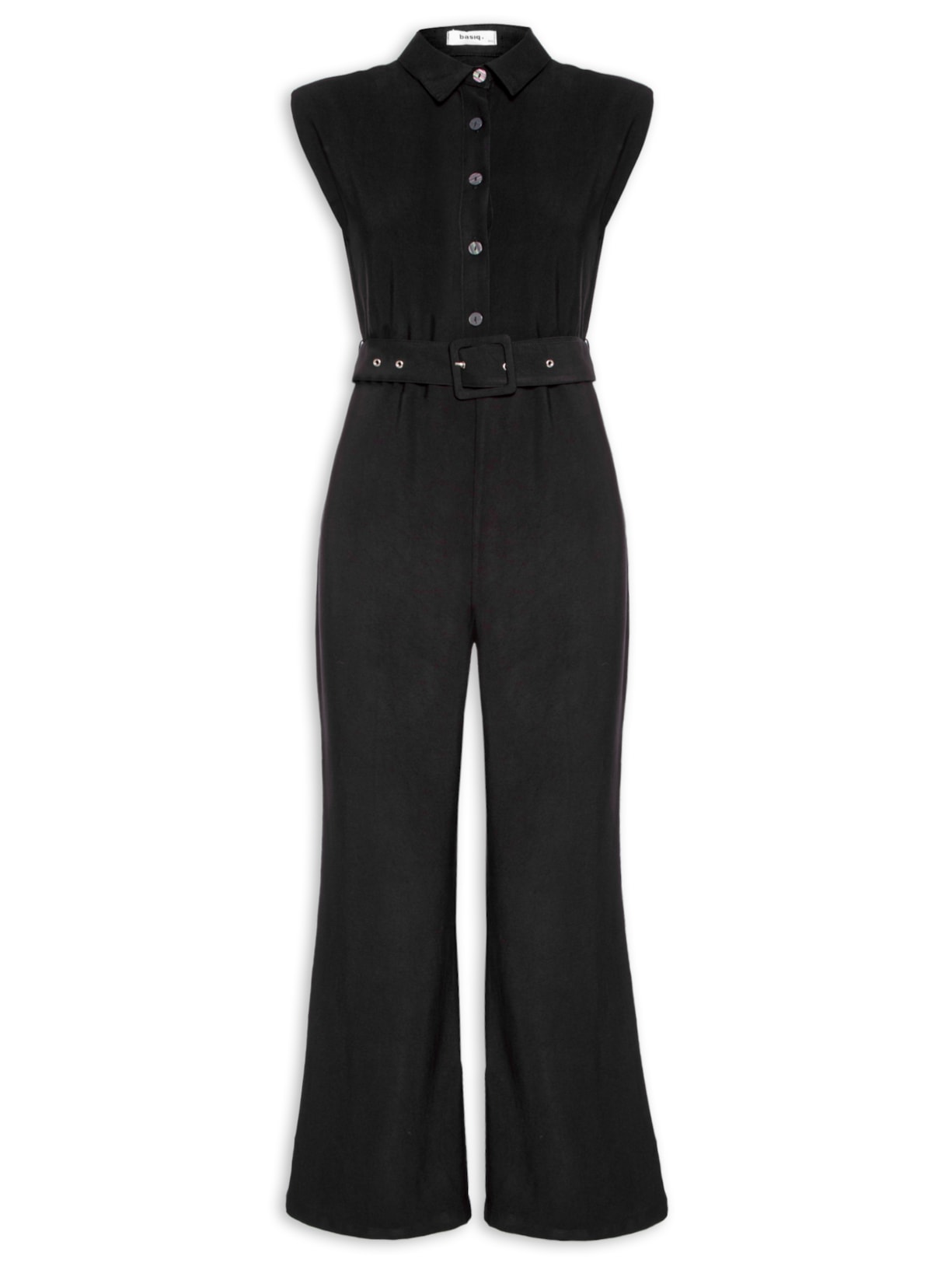 Macacão Feminino Com Cinto E Ombreiras - Preto