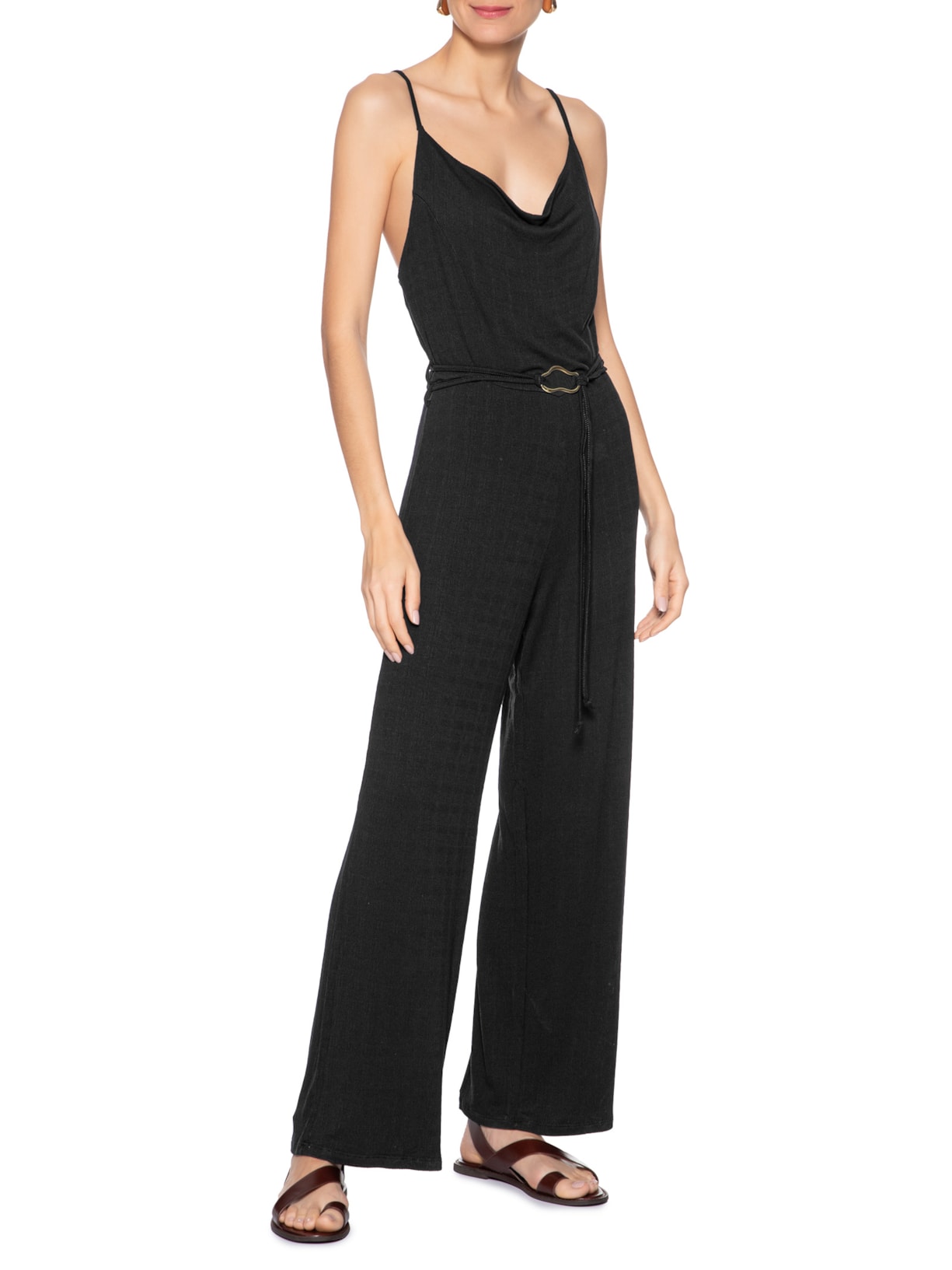 Macacão Feminino Com Cinto Preto Basiq