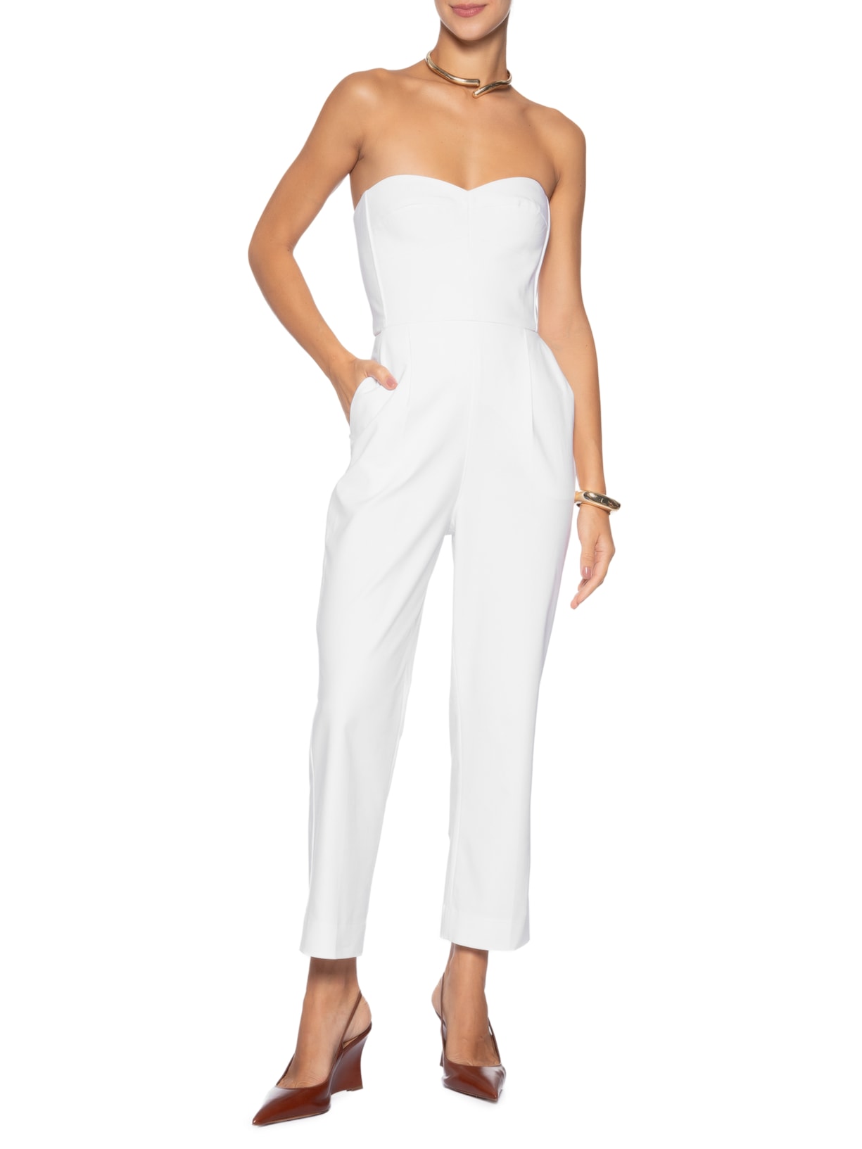 Macacão Feminino Corselet Prega e Vinco Branco Andrea Marques