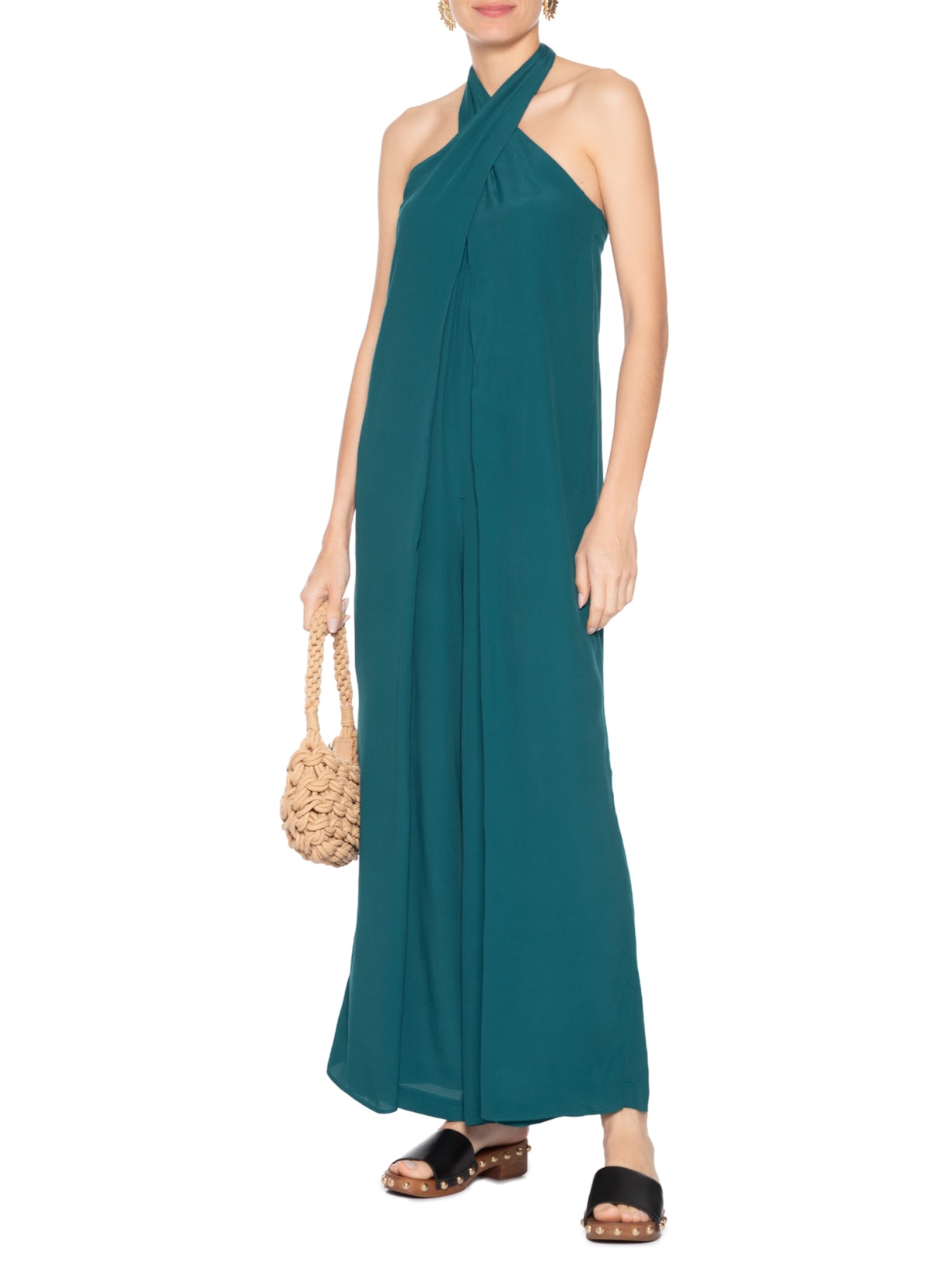 Macacão Feminino Crepe Decote Frente Transpassado Verde Dress To