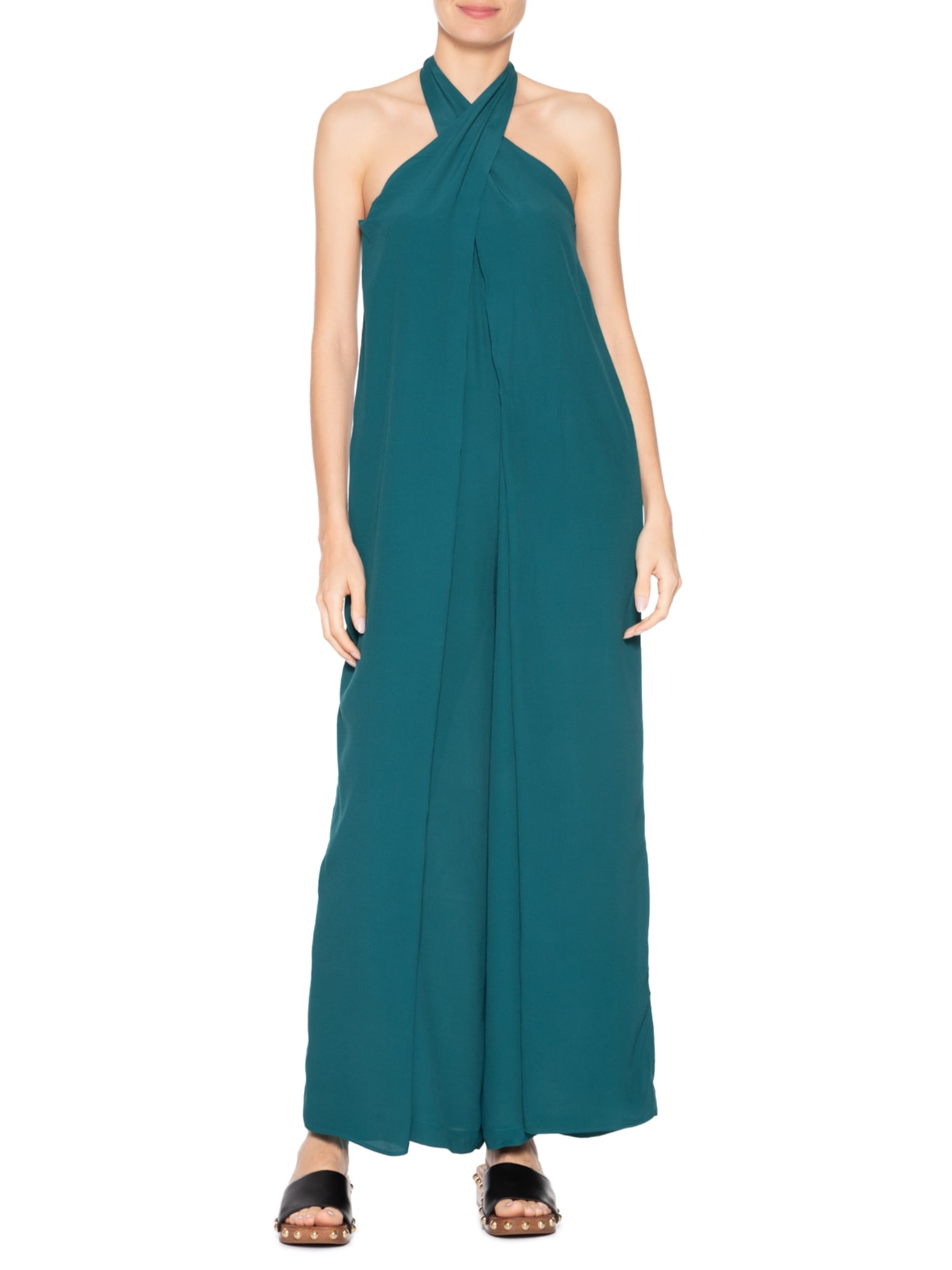 Macacão Feminino Crepe Decote Frente Transpassado Verde Dress To