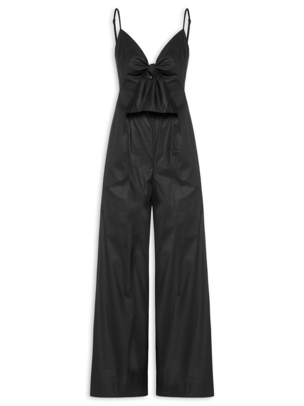 Macacão Feminino De Algodão Decote Laço - Preto