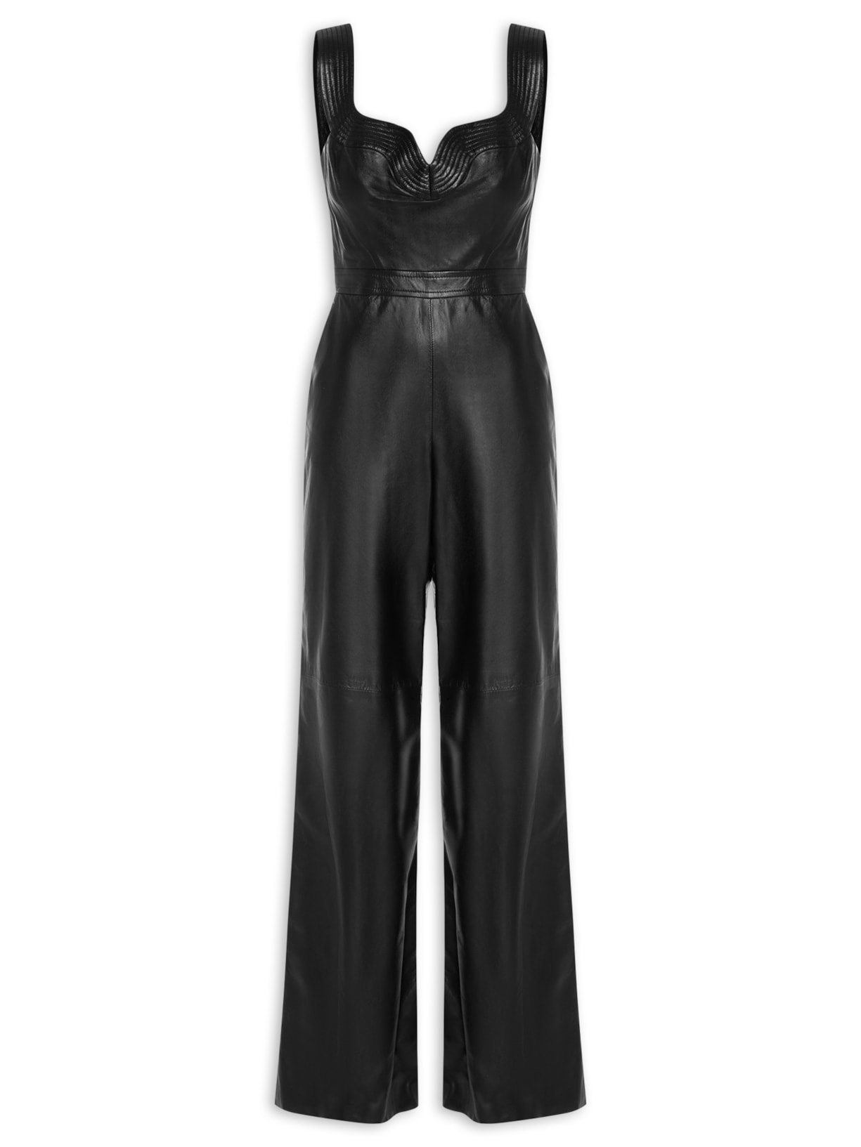 Macacão Feminino De Couro Cintura Alta Bordado - Preto