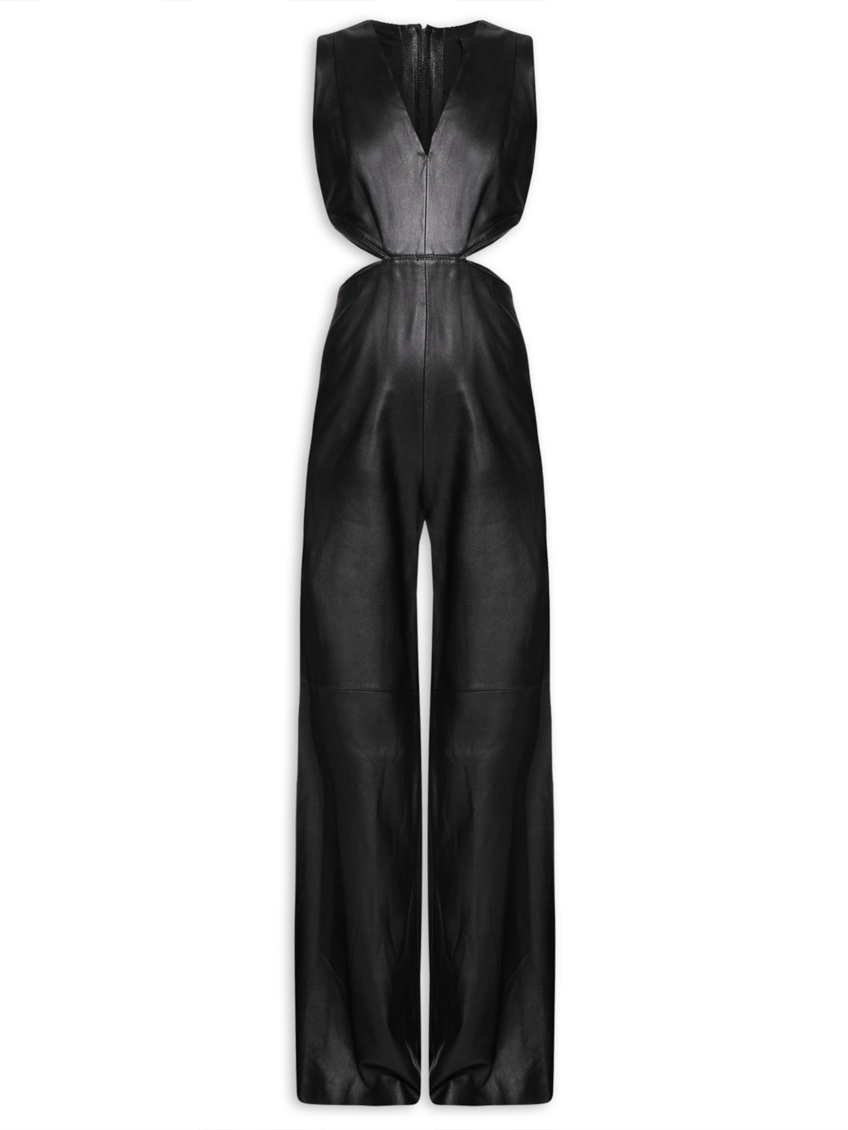 Macacão Feminino De Couro Longo Detalhe Lateral - Preto