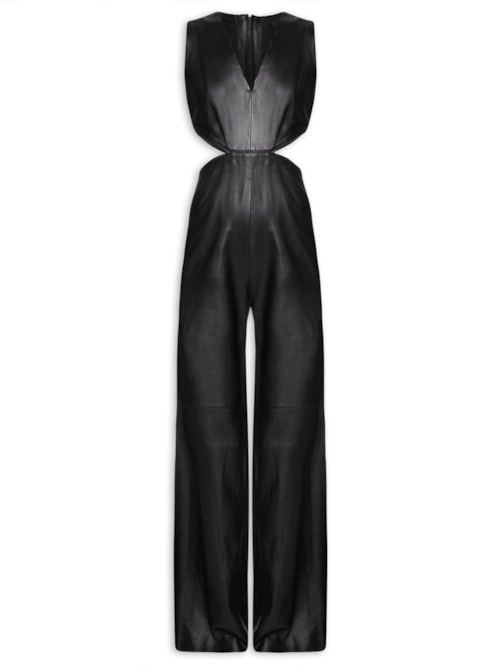 Macacão Feminino De Couro Longo Detalhe Lateral - Preto