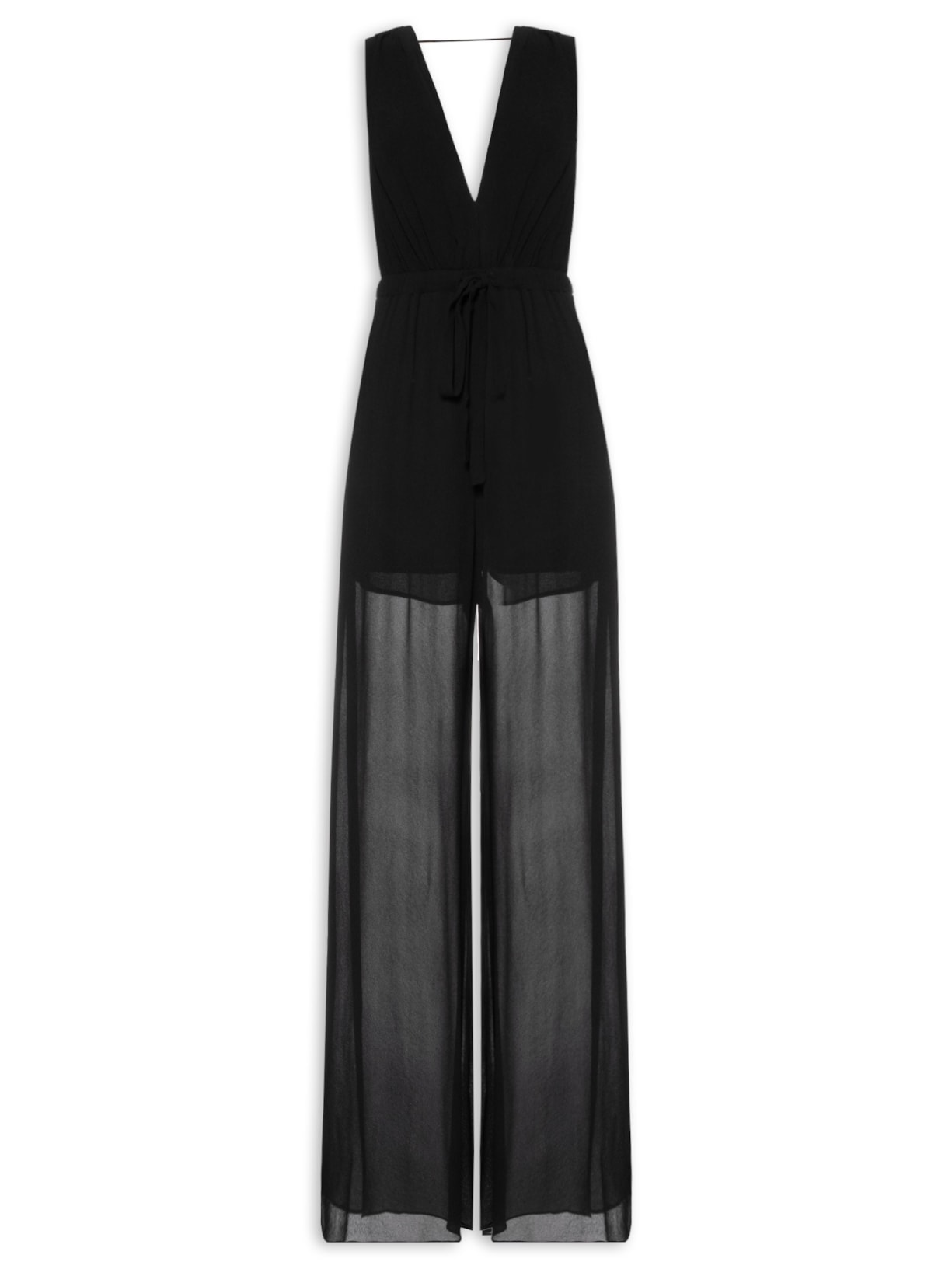 Macacão Feminino De Crepe Com Franzido Na Cintura - Preto